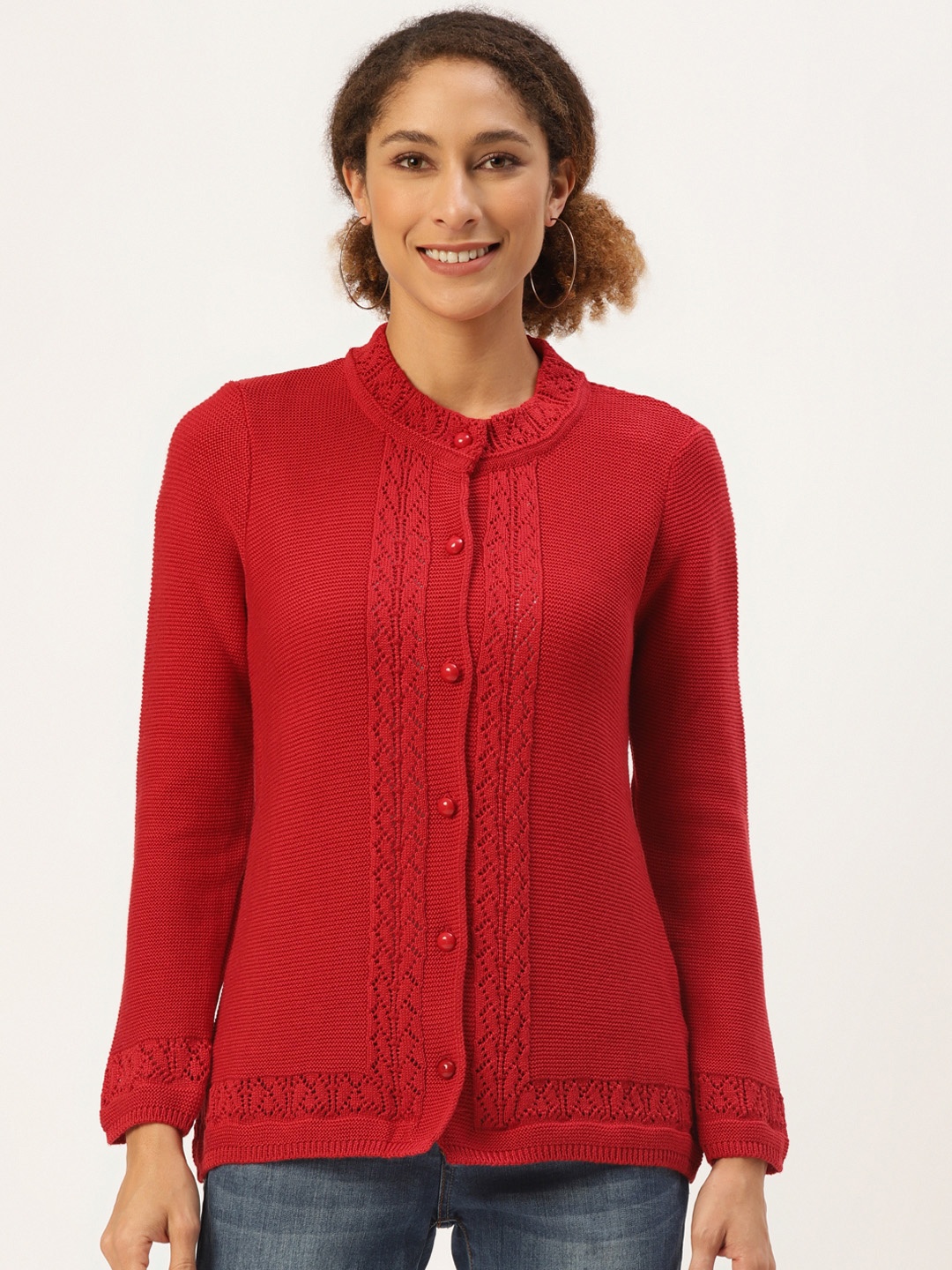 

American Eye Women Red Solid Longline Cardigan with Open Knit Detail