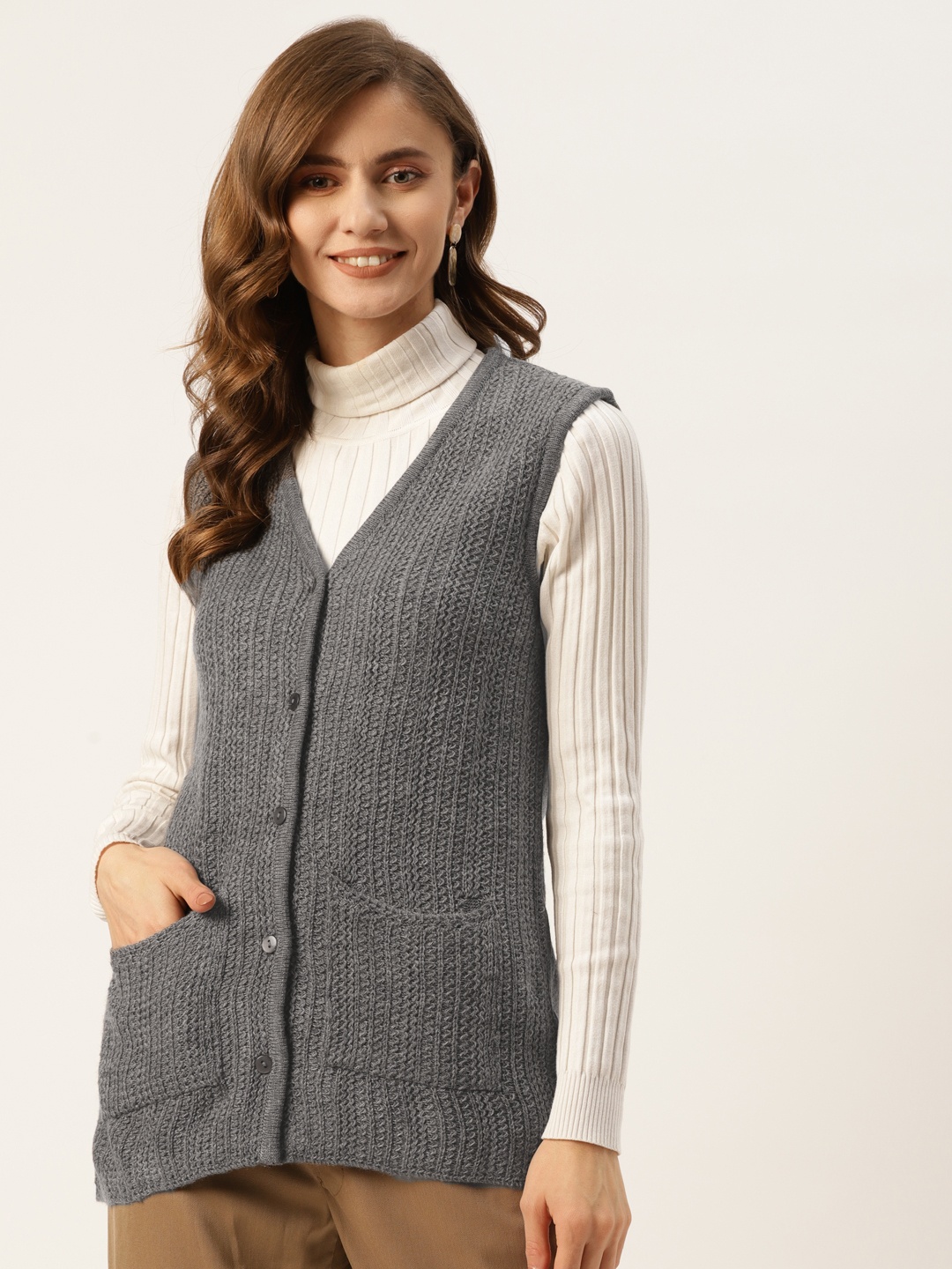 

American Eye Women Grey Self Striped Cardigan