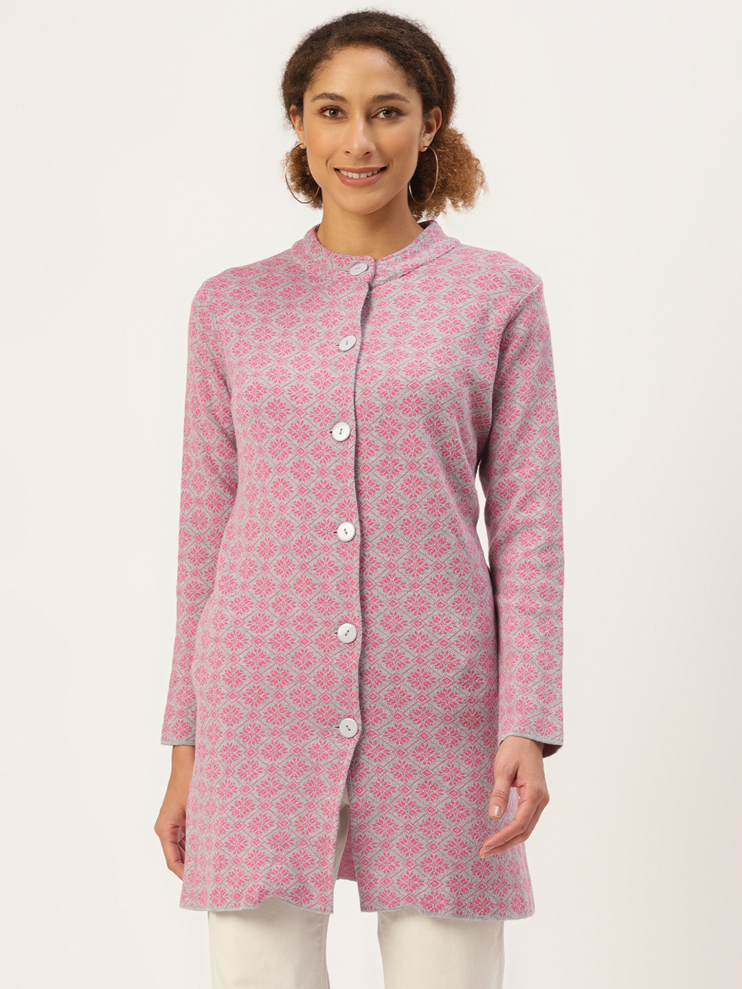 

American Eye Women Grey & Pink Ethnic Motifs Woven Design Longline Cardigan