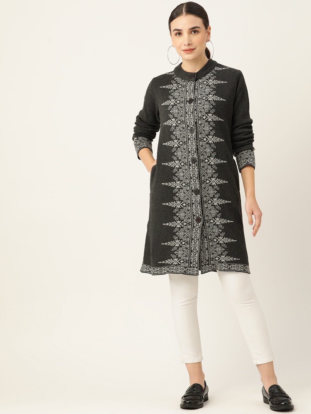 

American Eye Women Charcoal & White Self-Design Acrylic Longline Cardigan