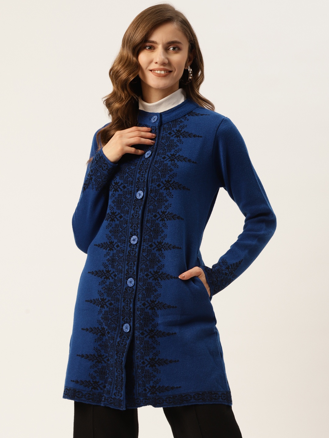 

American Eye Women Blue & Black Ethnic Motifs Woven Design Longline Cardigan