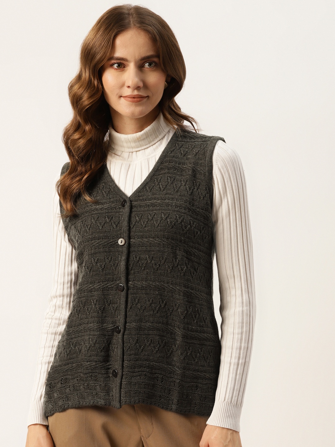 

American Eye Women Coffee Brown Geometric Self Design Cardigan