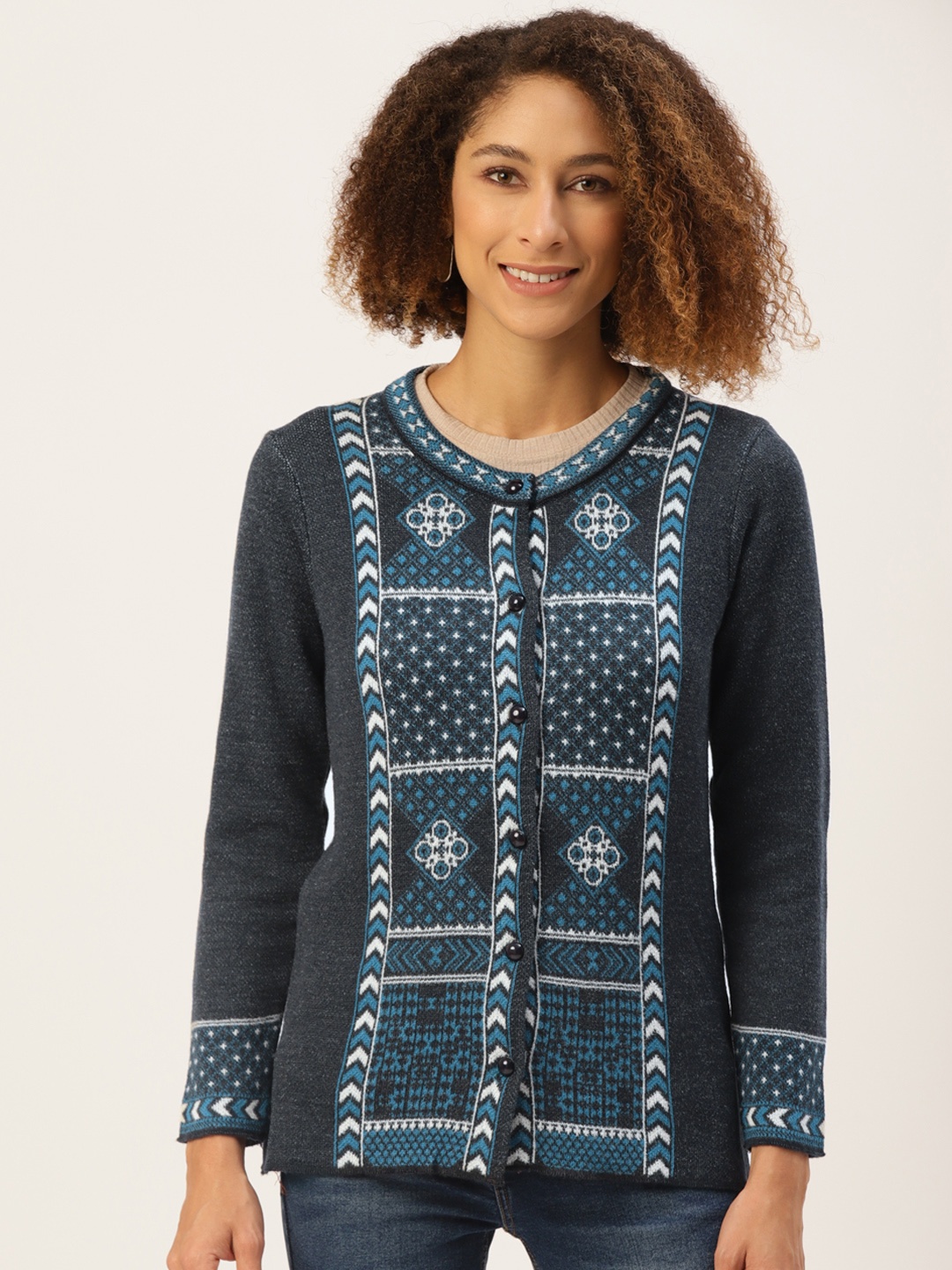 

American Eye Women Charcoal Grey & Blue Ethnic Design Cardigan