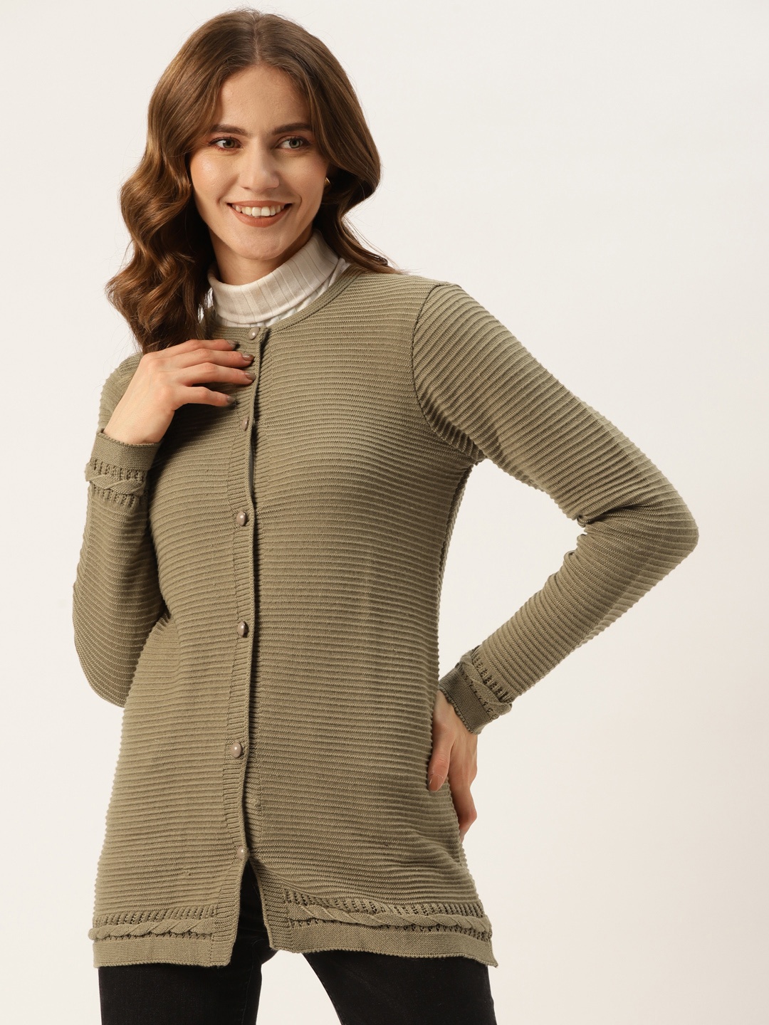 

American Eye Women Taupe Self Striped Longline Cardigan with Cable Knit Detail