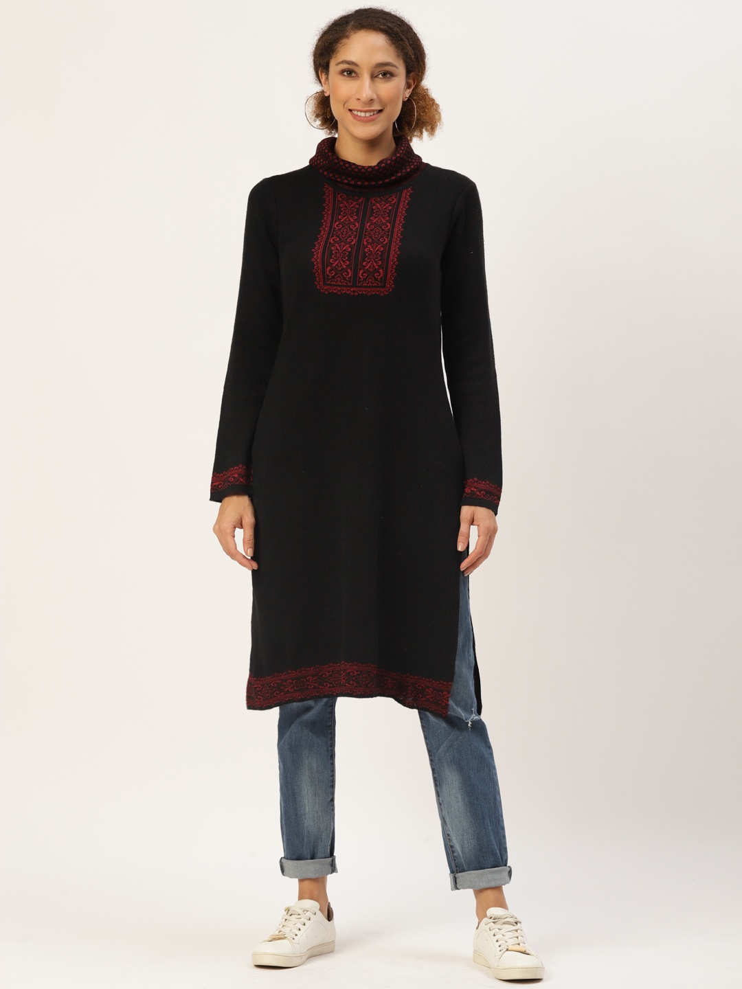 

American Eye Women Black & Red Ethnic Motifs Yoke Design Winter Kurta