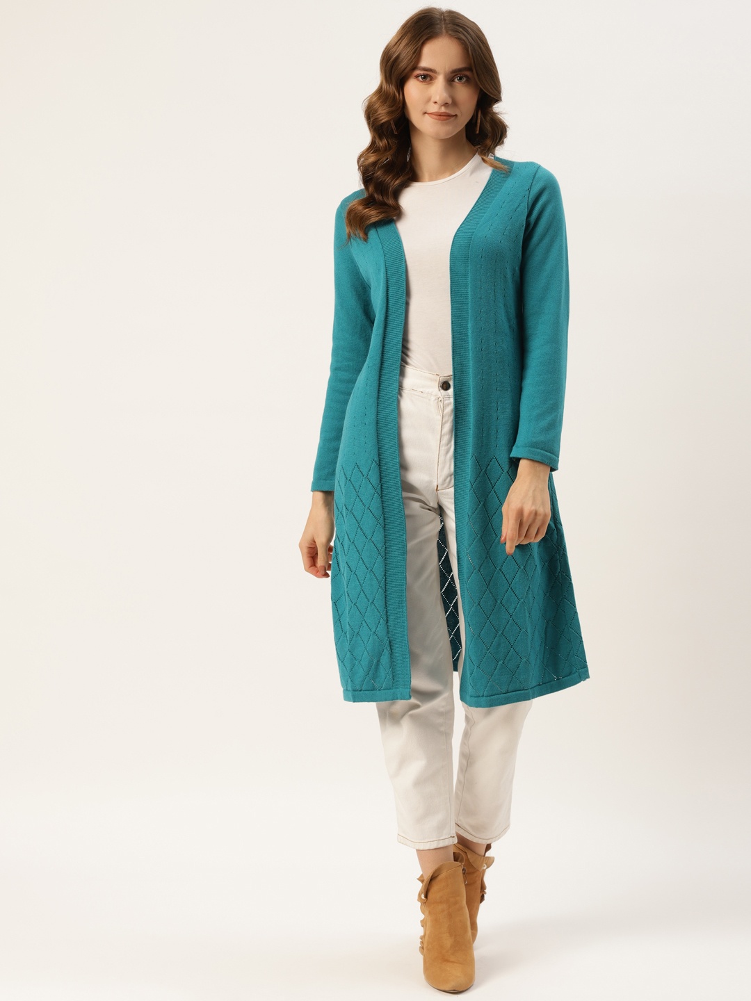 

American Eye Women Blue Self Checked Open-Knit Winter Open Front Longline Shrug