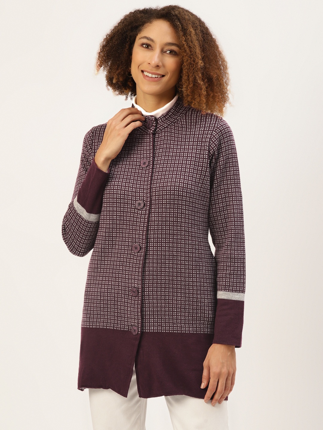 

American Eye Women Purple & White Self Design Cardigan