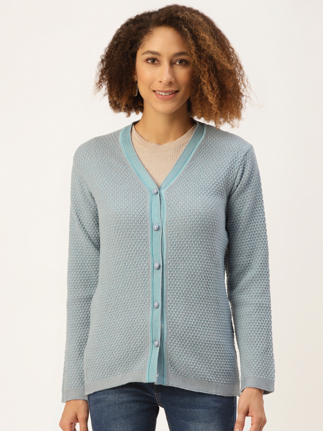 

American Eye Women Blue Self Design Cardigan
