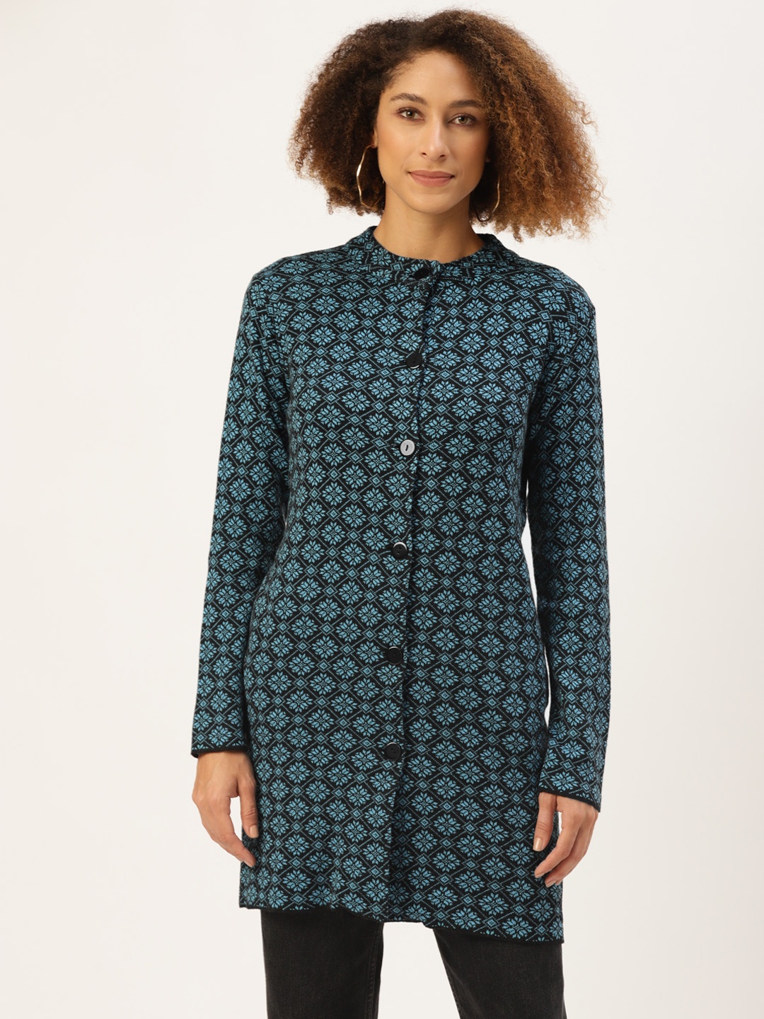 

American Eye Women Blue & Black Self Design Longline Cardigan