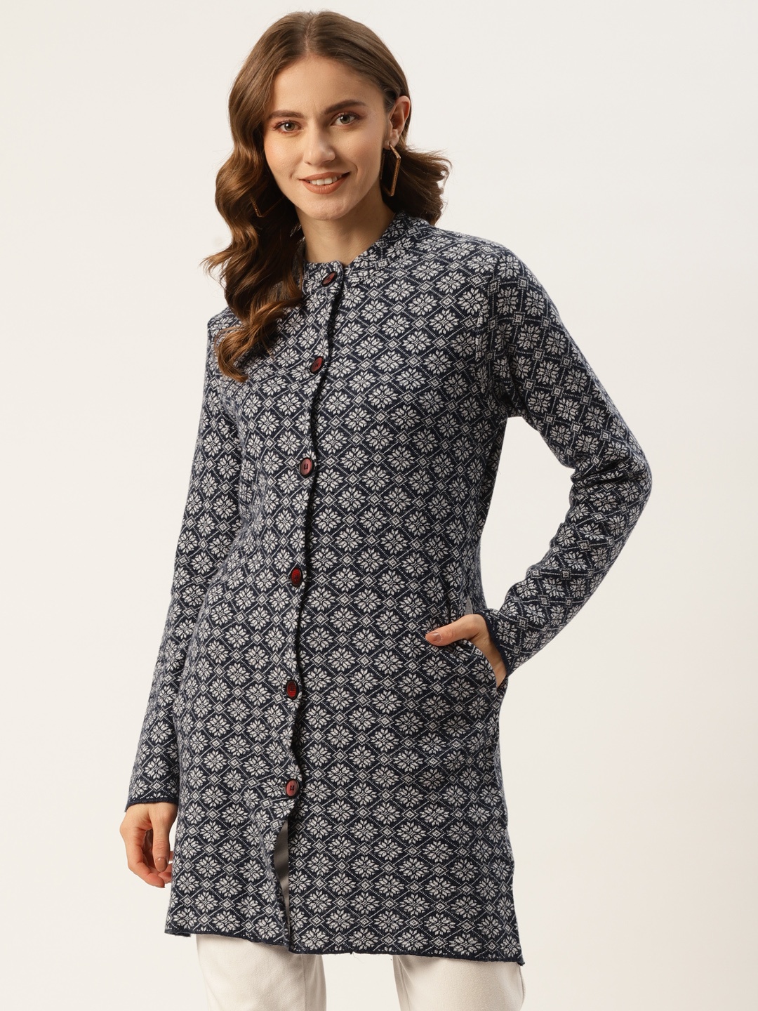 

American Eye Women Navy Blue & Grey Printed Longline Cardigan