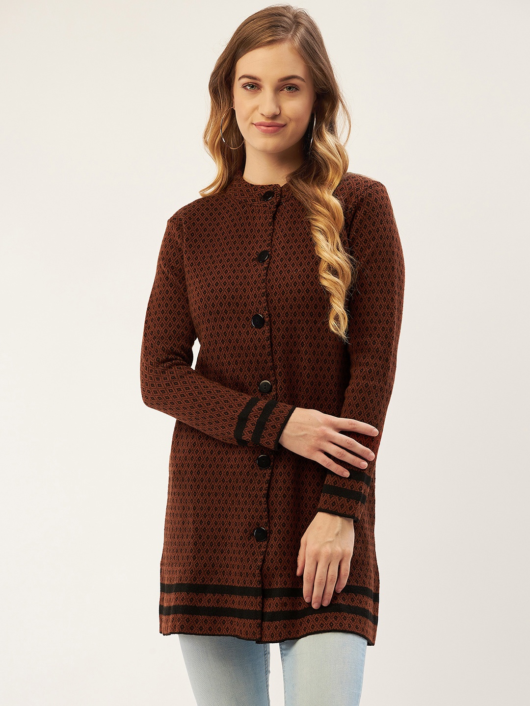 

American Eye Women Brown & Black Ethnic Motifs Printed Longline Cardigan