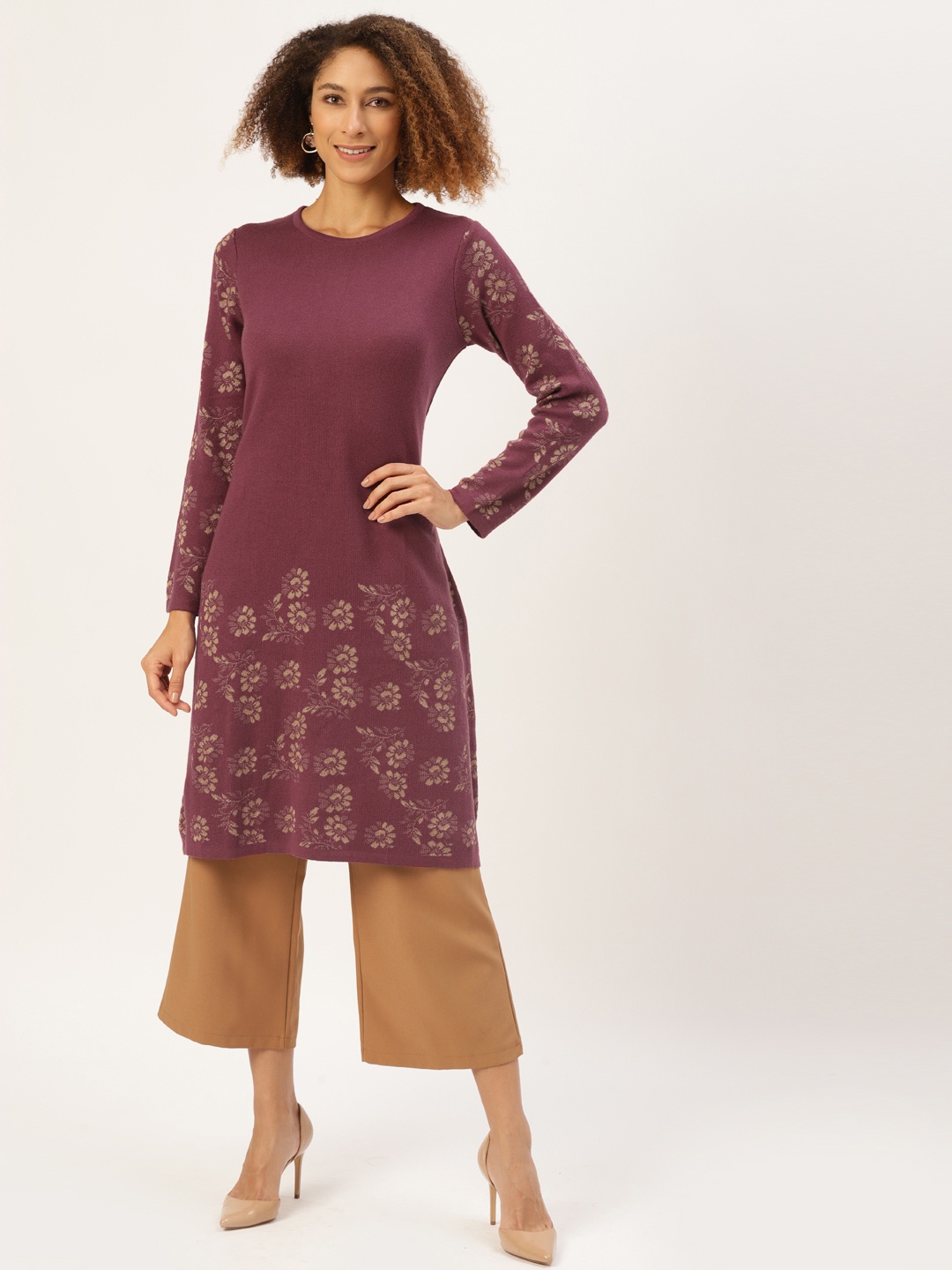 

American Eye Women Magenta & Gold-Toned Ethnic Motifs Printed Kurta