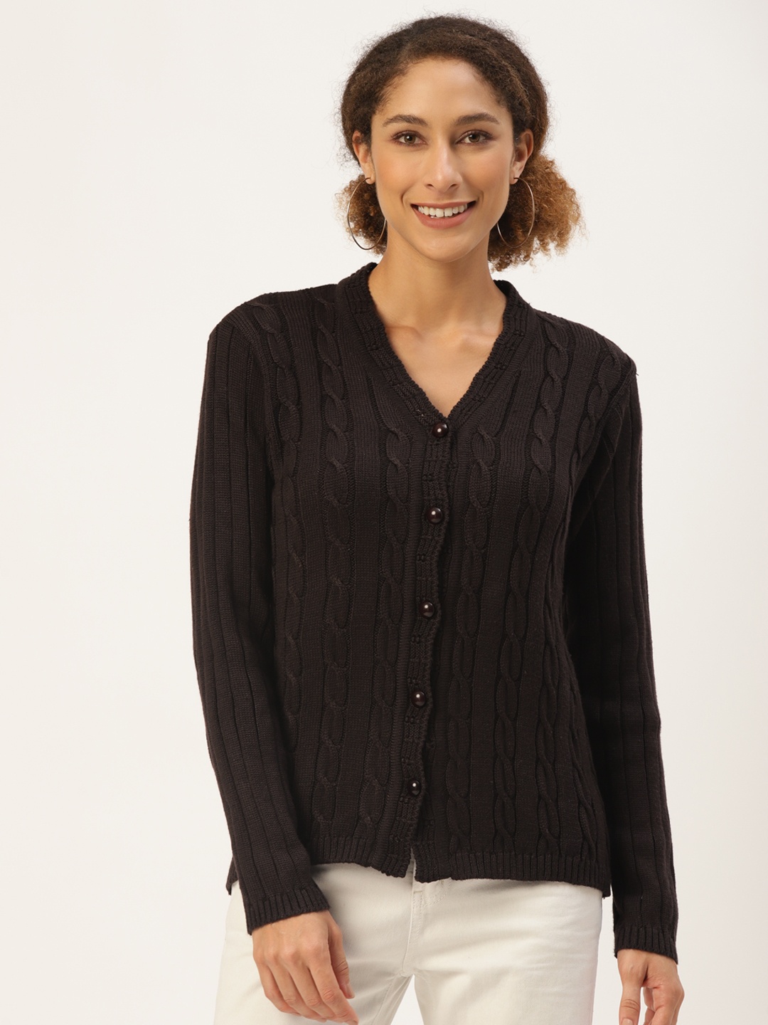 

American Eye Women Coffee Brown Cable Knit Cardigan