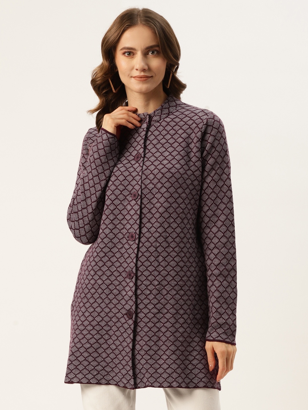 

American Eye Women Coffee Brown & White Printed Longline Cardigan