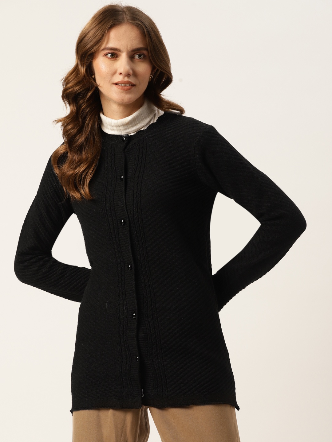 

American Eye Women Black Self Design Longline Cardigan