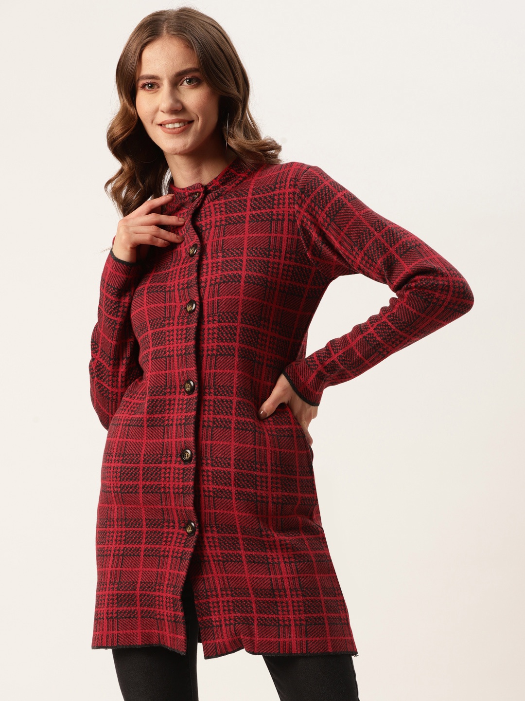 

American Eye Women Red & Black Checked Longline Cardigan