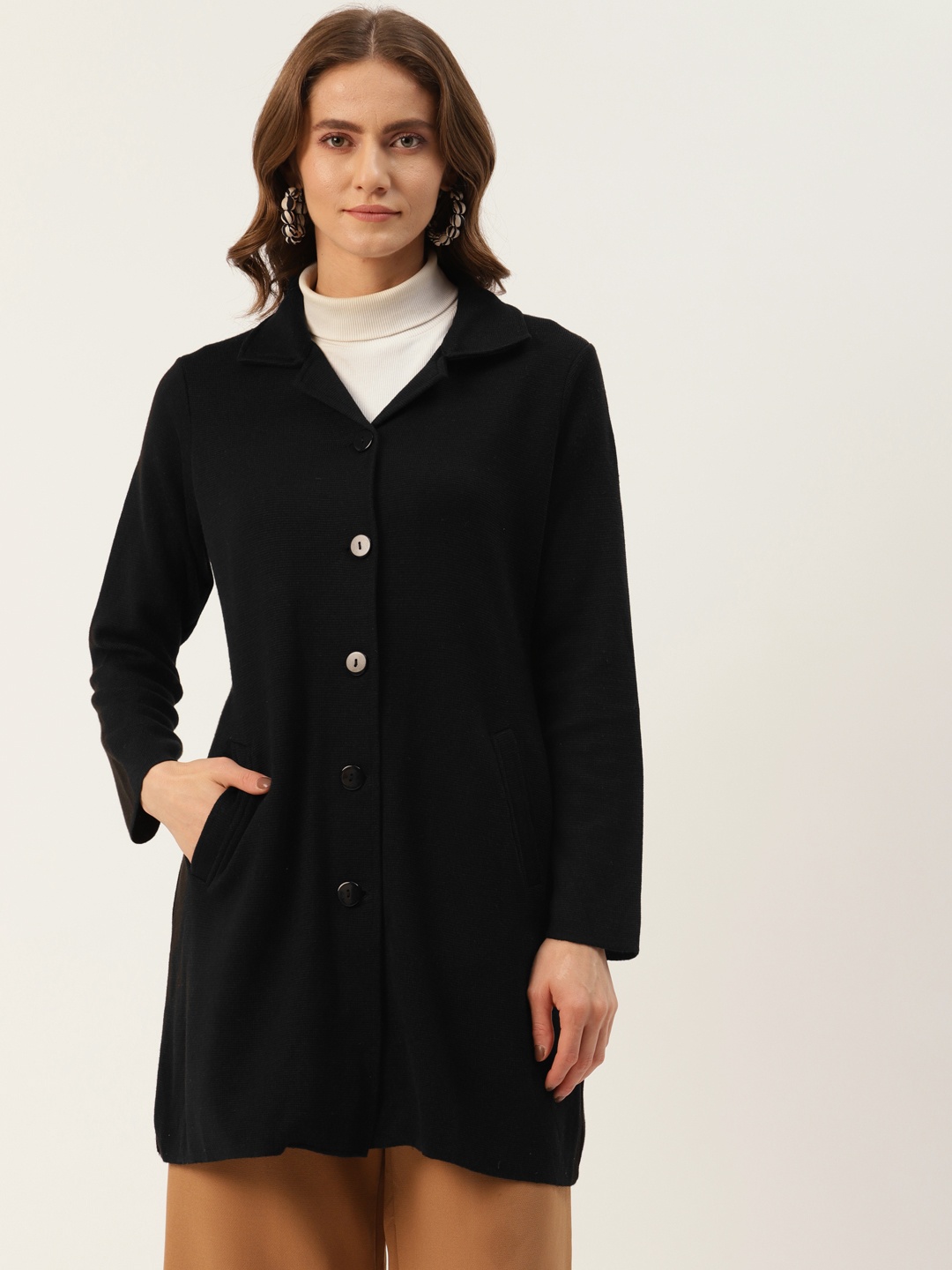 

American Eye Women Black Solid Longline Cardigan