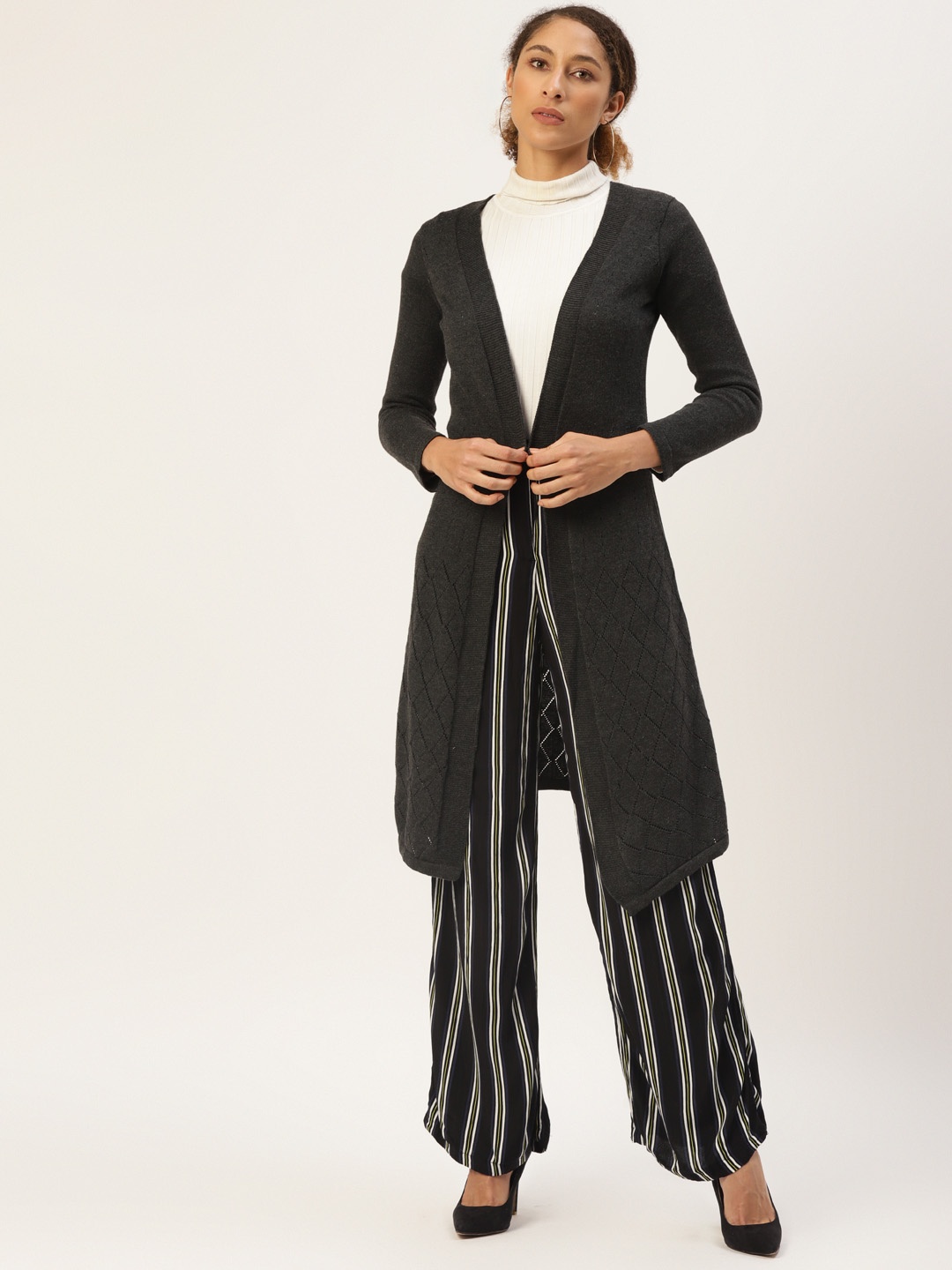 

American Eye Women Charcoal Grey Solid Longline Front-Open Cardigan