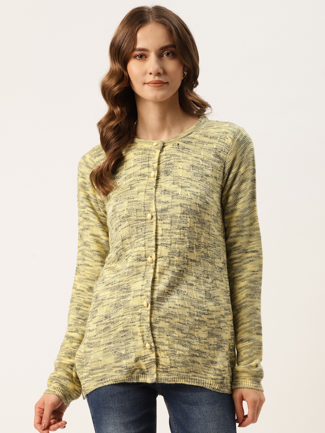 

American Eye Women Yellow & Grey Cable Knit Longline Cardigan