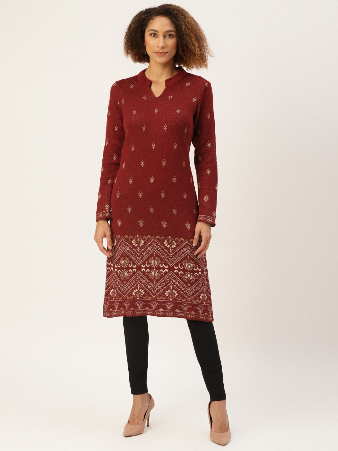 

American Eye Women Maroon & Gold-Toned Ethnic Motifs Kurta