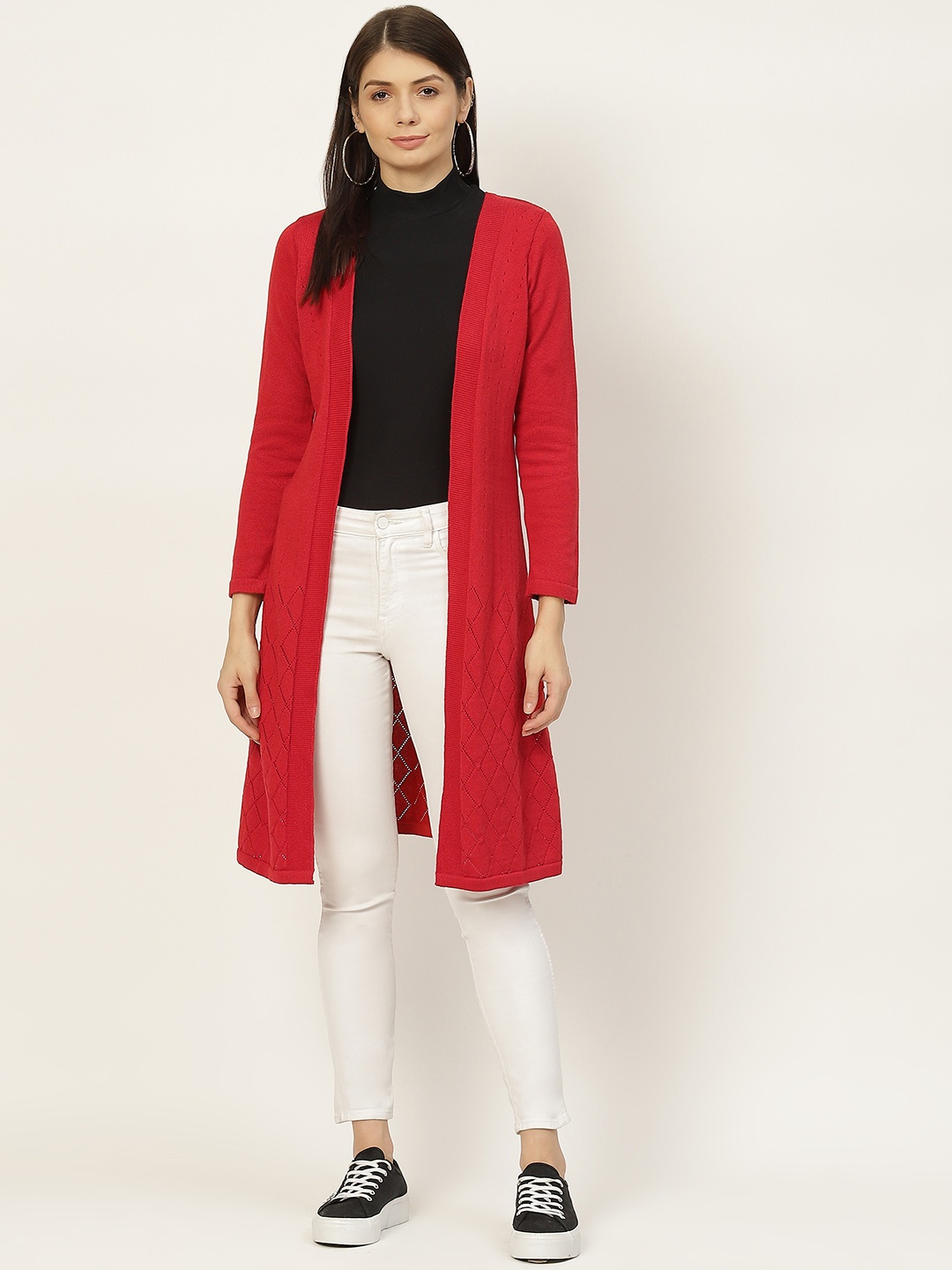 

American Eye Women Red Solid Longline Front-Open Sweaters