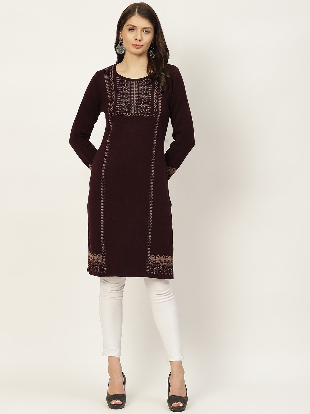 

American Eye Women Maroon & Off White Yoke Design Winter Kurta