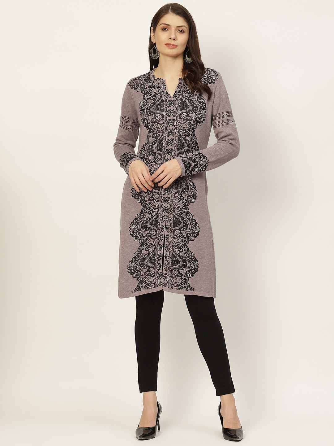 

American Eye Women Mauve & Black Woven Design Winter Kurta