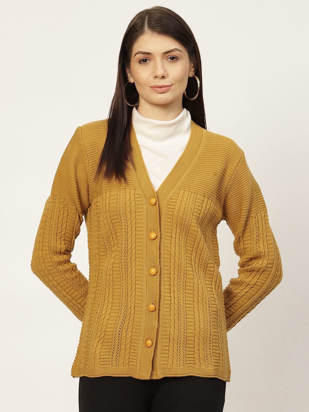 

American Eye Women Mustard Yellow Self-Striped Cardigan