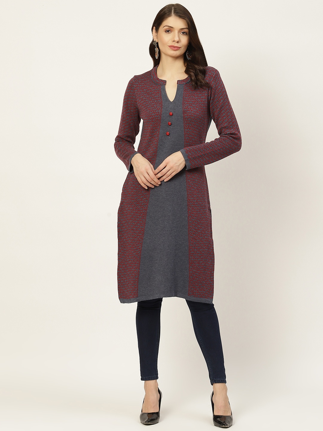 

American Eye Women Blue & Maroon Colourblocked Winter Kurta