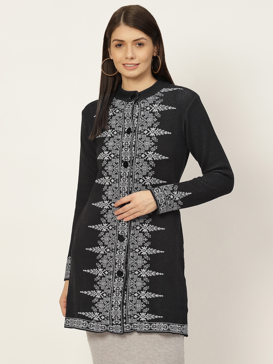 

American Eye Women Black & White Woven Design Cardigan