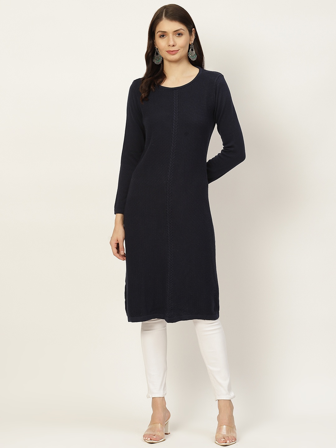 

American Eye Women Navy Blue Solid Winter Kurta