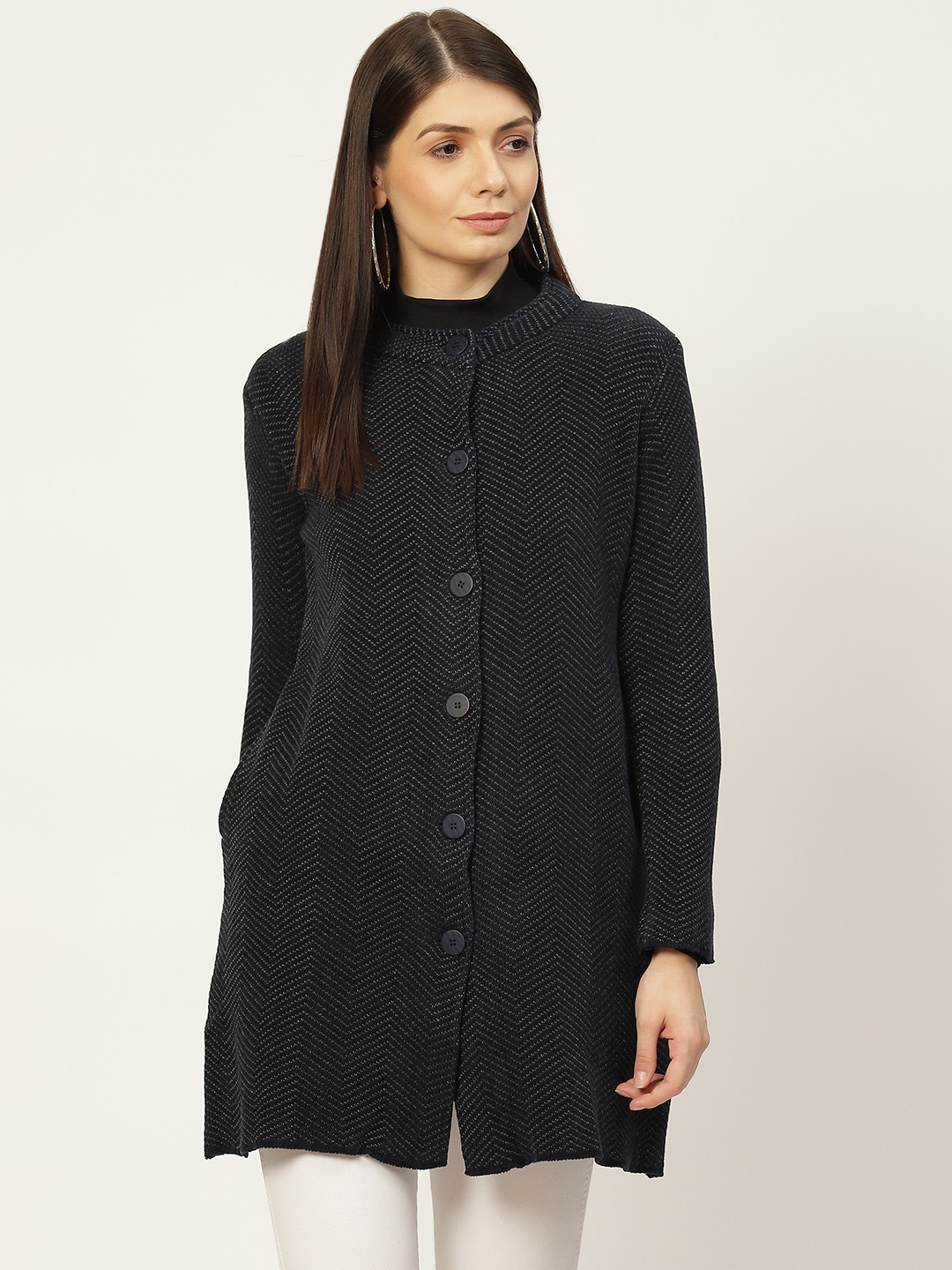 

American Eye Women Navy Blue Chevron Longline Cardigan
