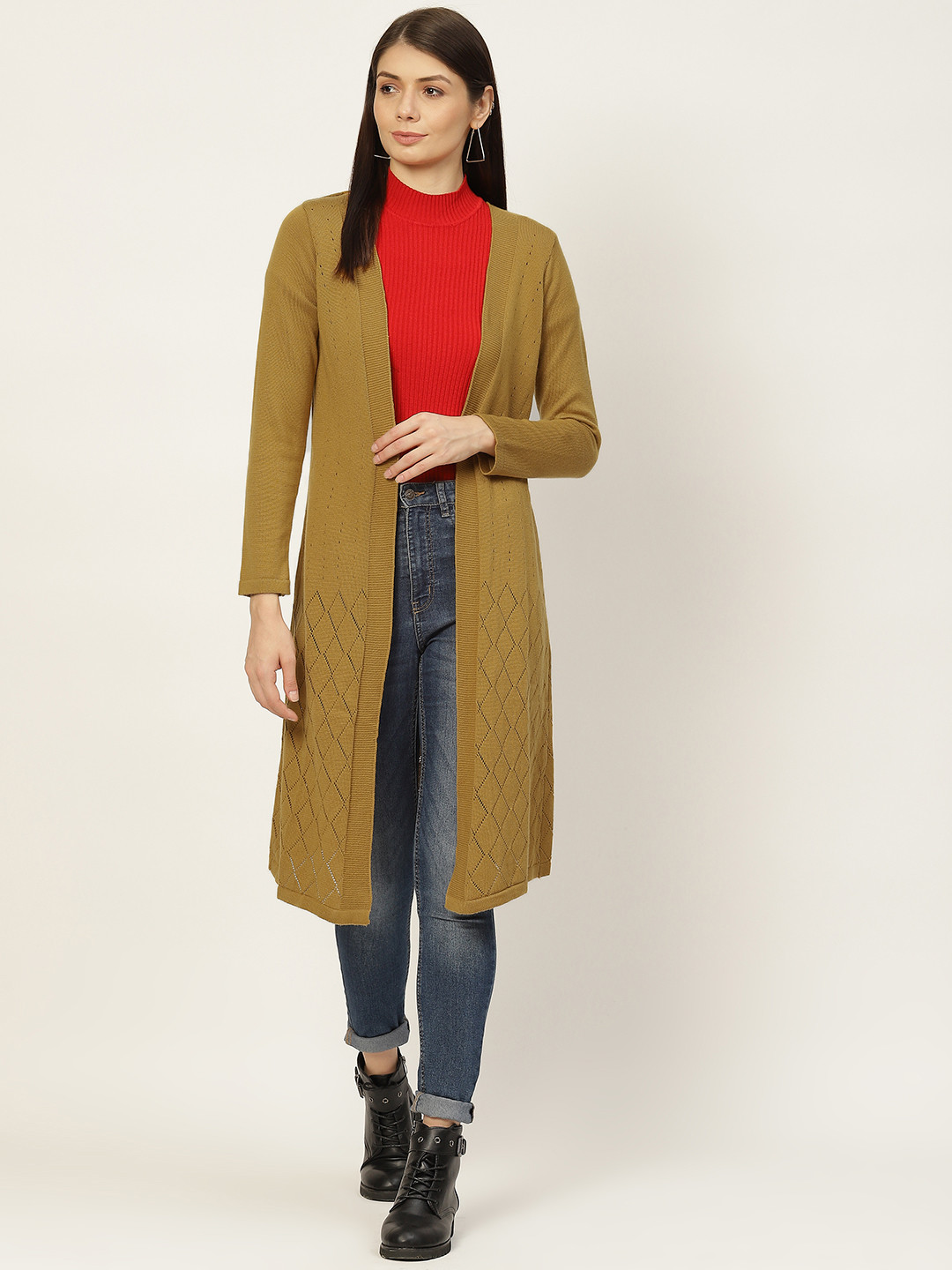 

American Eye Women Mustard Brown Self Design Longline Front-Open Cardigan