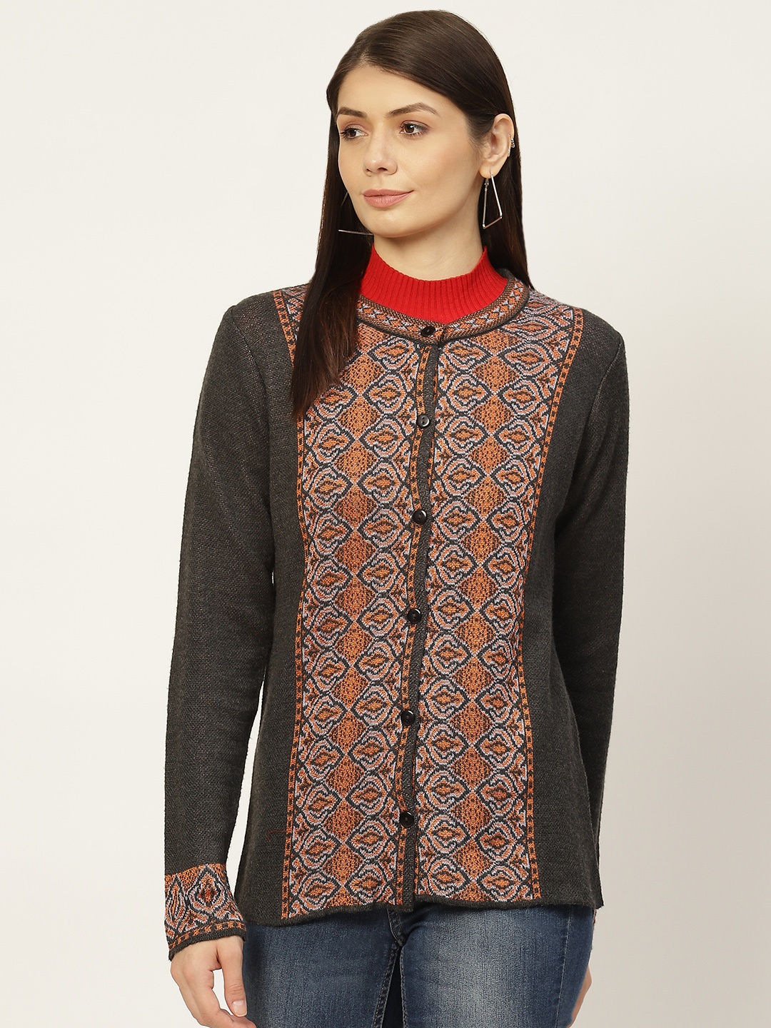 

American Eye Women Charcoal Grey & Orange Self Design Cardigan