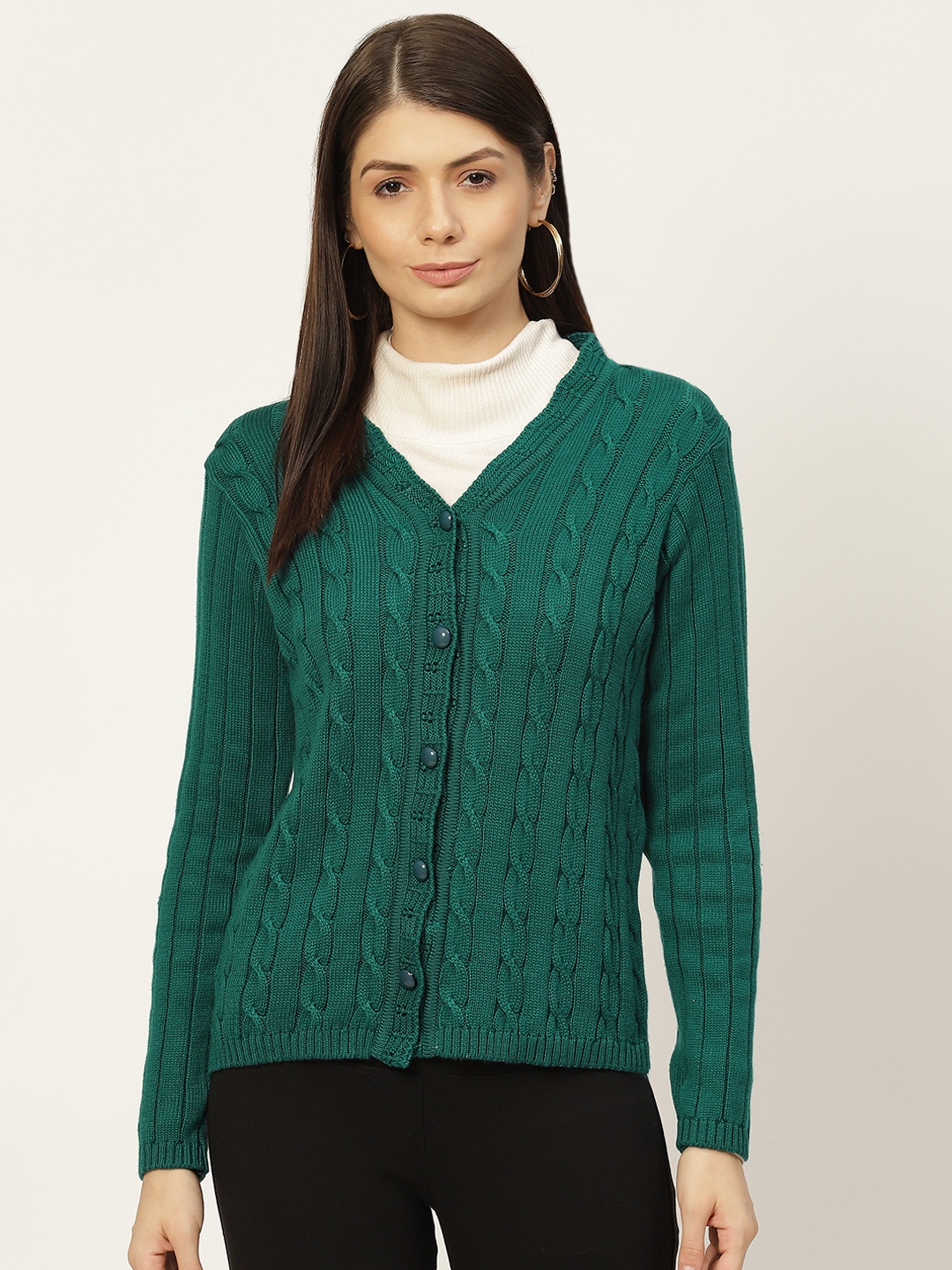 

American Eye Women Green Cable Knit Cardigan