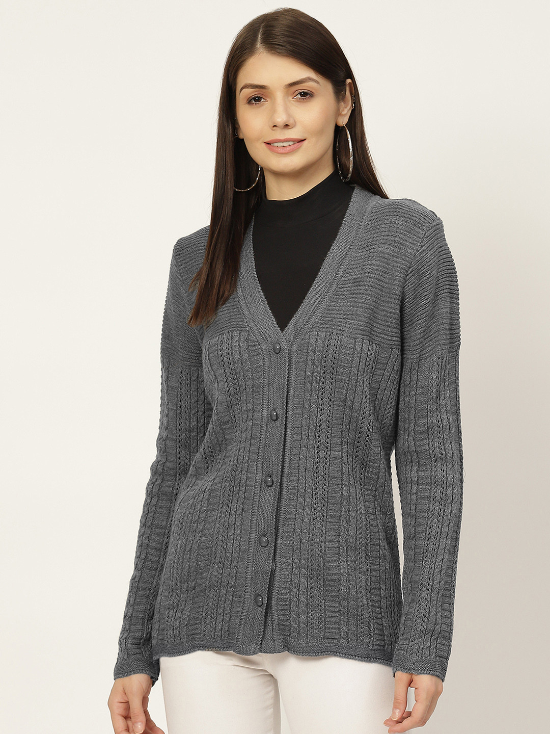 

American Eye Women Charcoal Grey Self-Design Cardigan