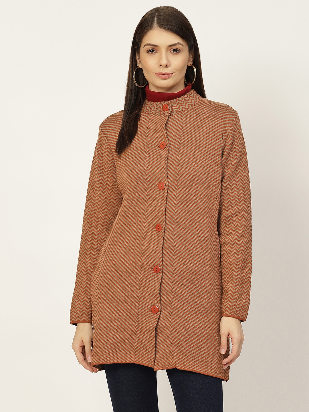 

American Eye Women Rust Red & Beige Striped Longline Cardigan