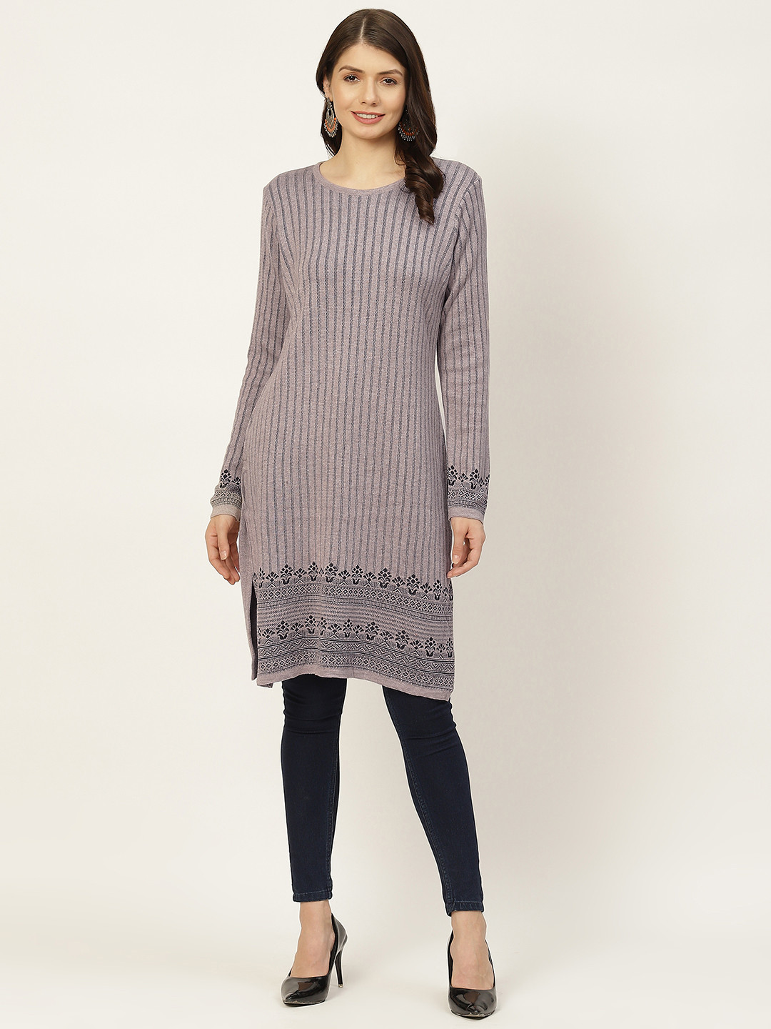 

American Eye Women Taupe & Black Striped Knitted Winter Kurta