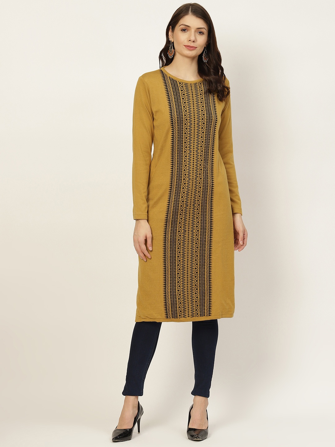 

American Eye Women Mustard Yellow & Navy Blue Geometric Knitted Winter Kurta