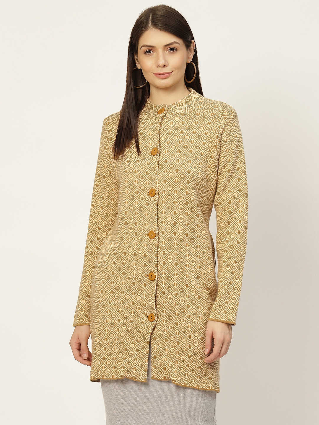 

American Eye Women Mustard Yellow & Off White Longline Cardigan
