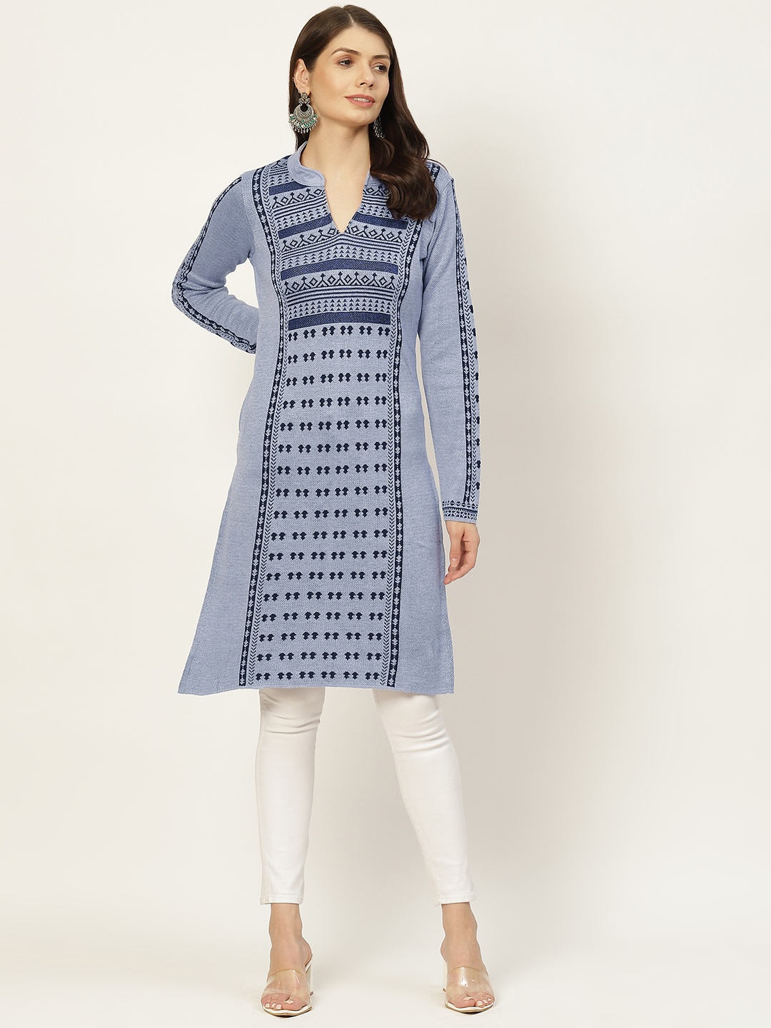 

American Eye Women Blue Self-Design Knitted Winter Kurta