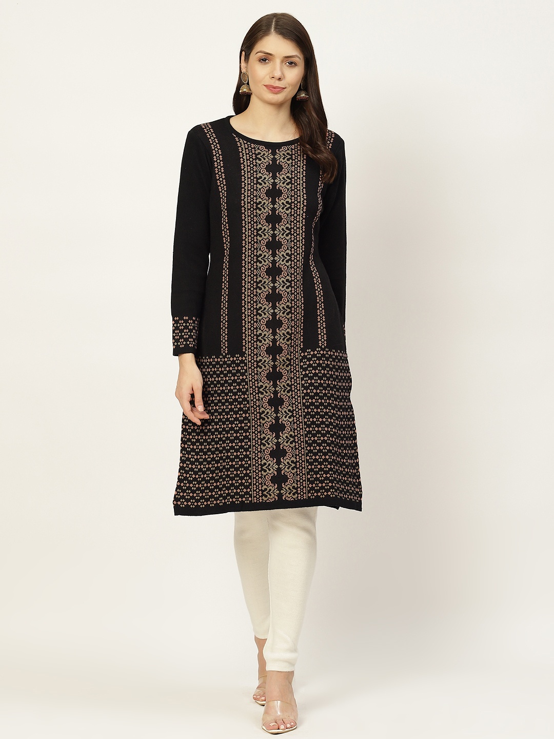 

American Eye Women Black & Pink Self-Design Knitted Winter Kurta