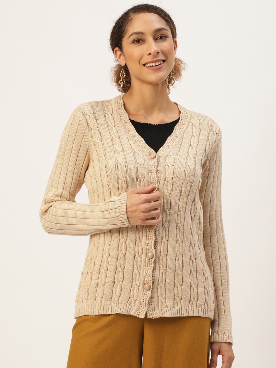 

American Eye Women Beige Cable Knit Cardigan