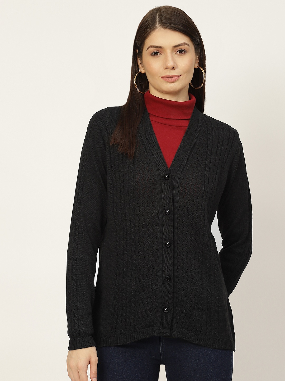 

American Eye Women Black Self-Design Cardigan