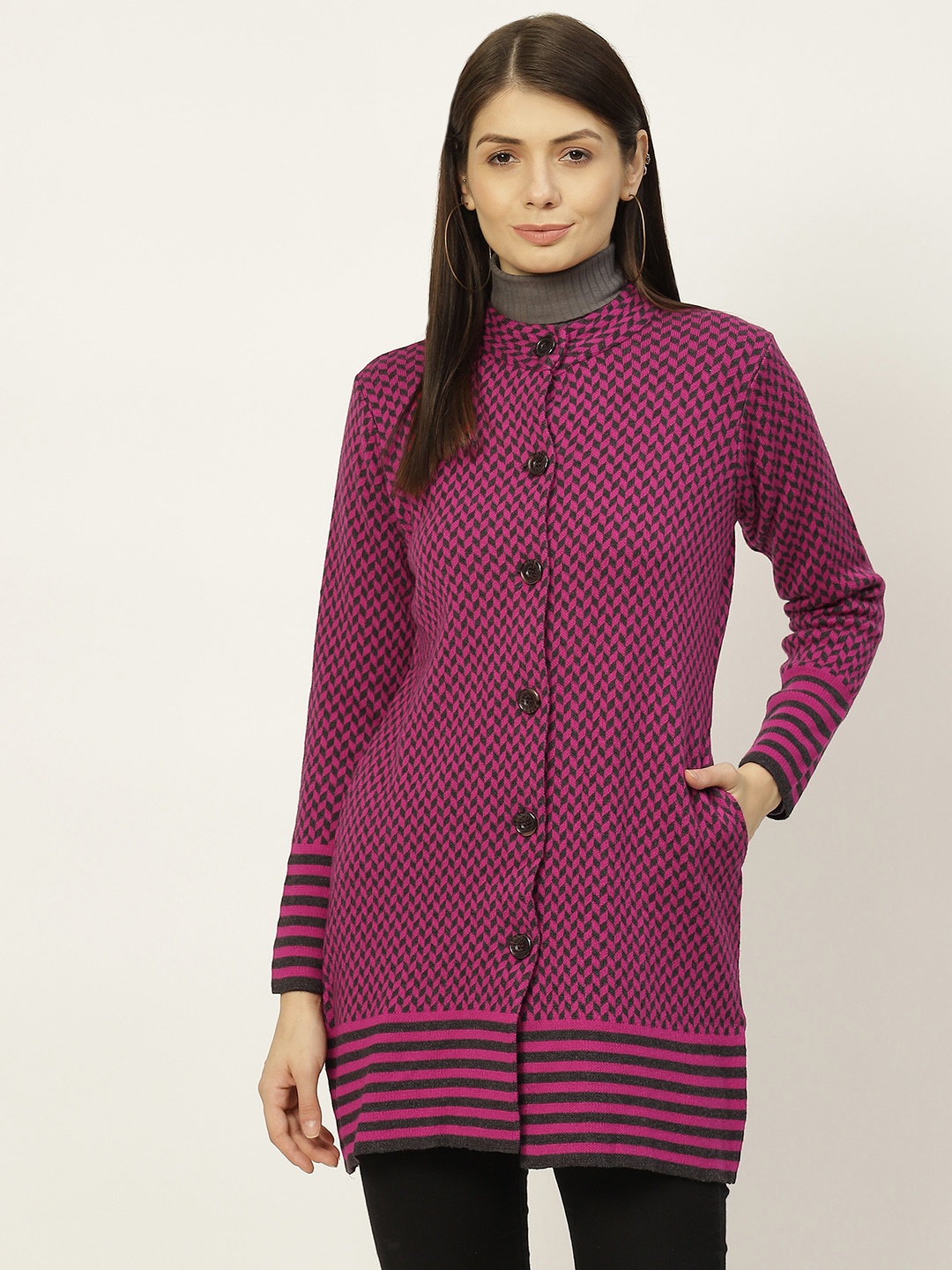 

American Eye Women Magenta & Black Checked Longline Cardigan