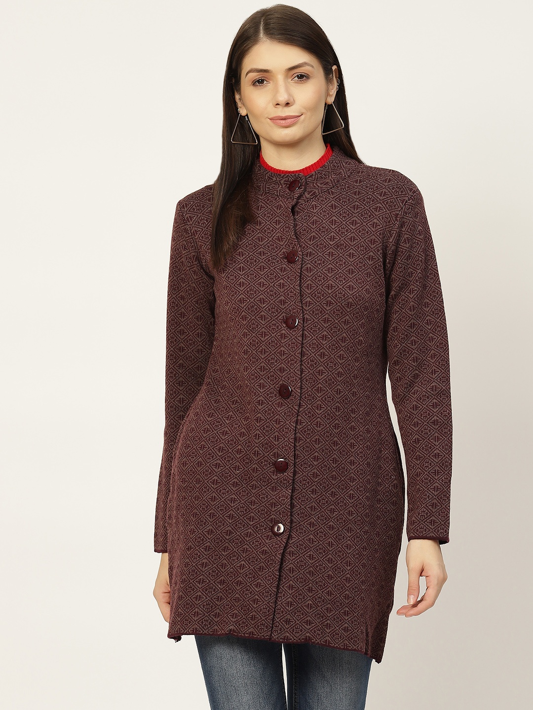 

American Eye Women Burgundy Self Design Longline Cardigan
