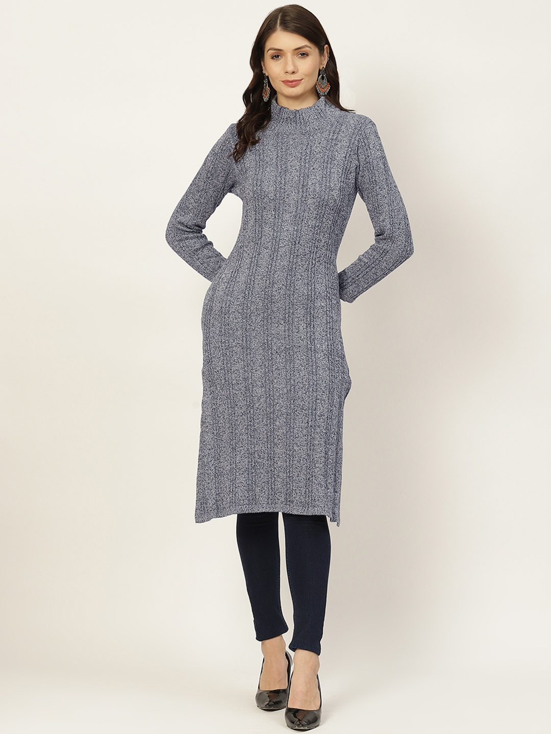 

American Eye Women Navy Blue with tinge of Grey Melange Cable Knit Winter Kurta