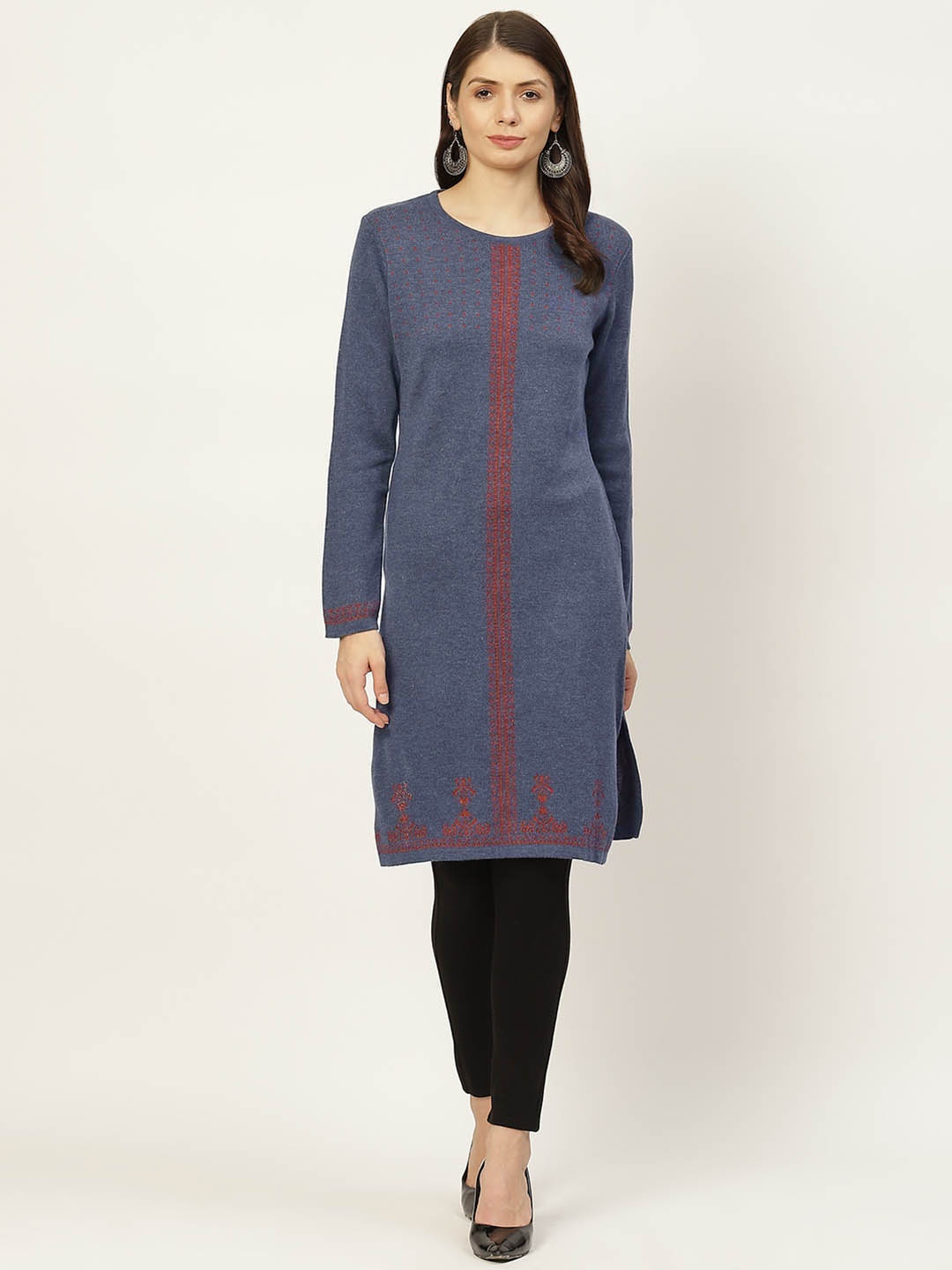 

American Eye Women Blue & Red Printed Winter Straight Kurta
