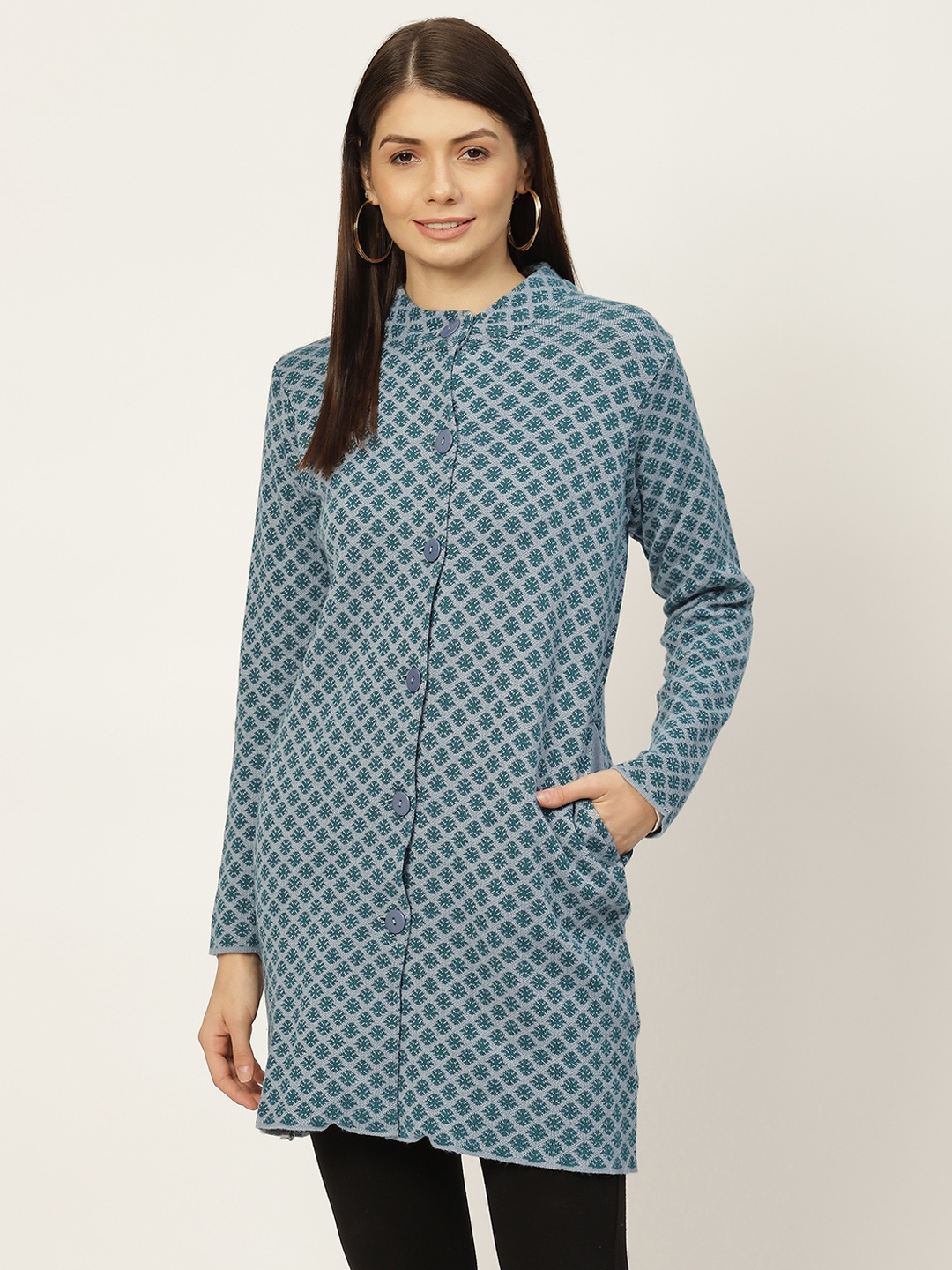 

American Eye Women Blue & Green Floral Longline Cardigan
