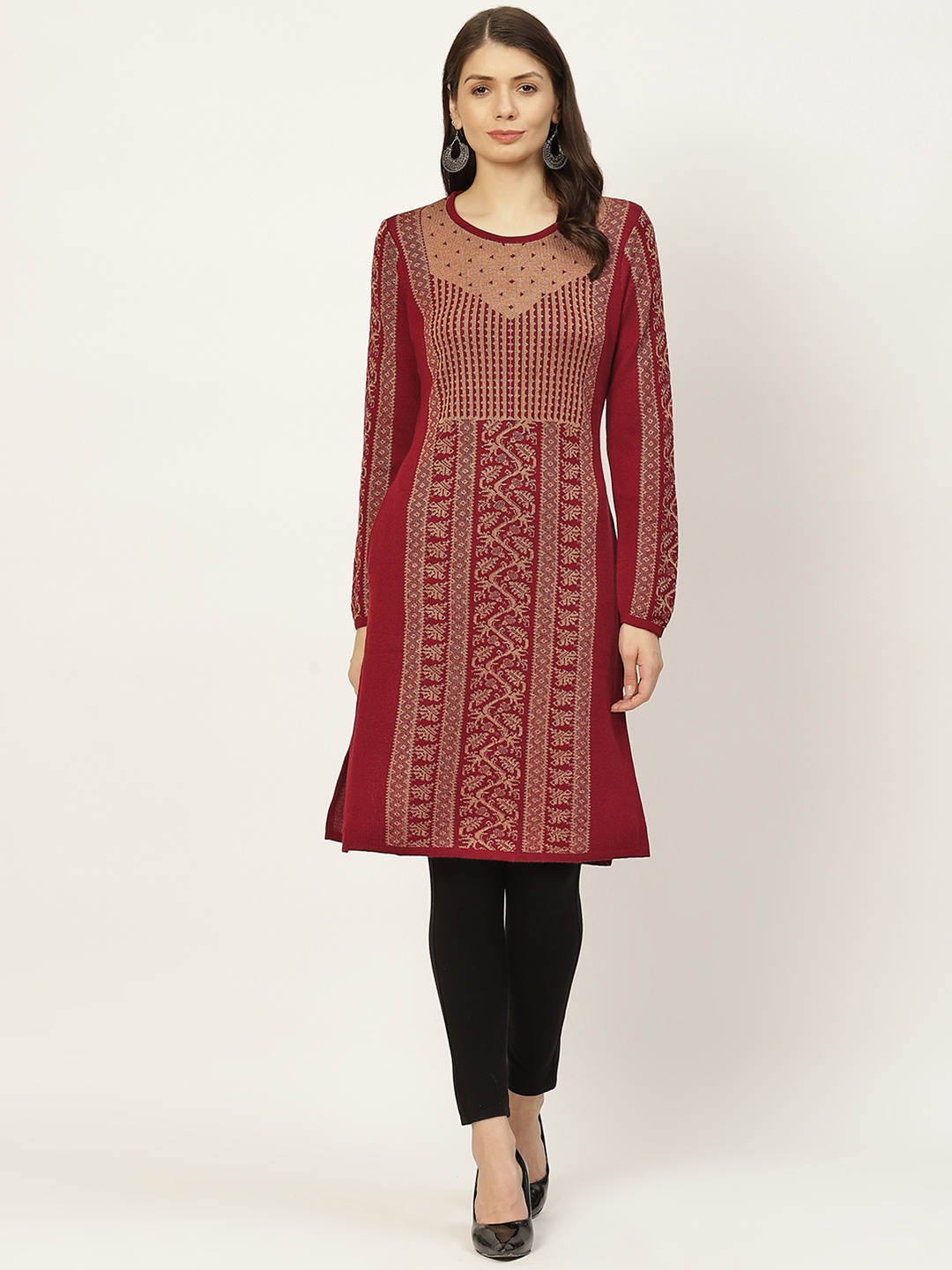 

American Eye Women Maroon & Beige Striped Winter Straight Kurta